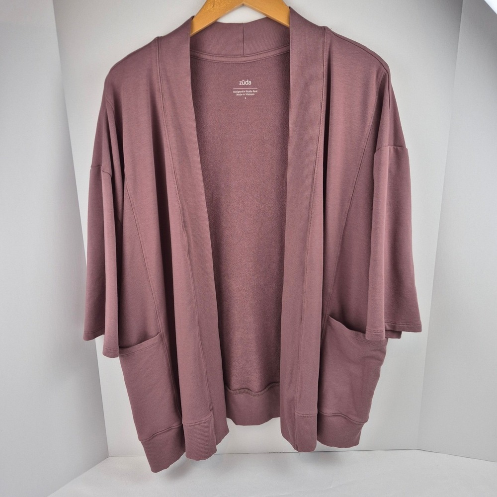 Zuda Open Front Cardigan Kimono L Mauve Knit Long Sleeve Pockets Lightweight